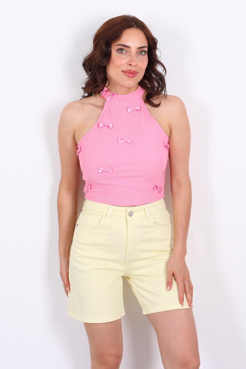 Halter Yaka Kurdele Detay Fitilli Pembe Kadın Bluz - 1