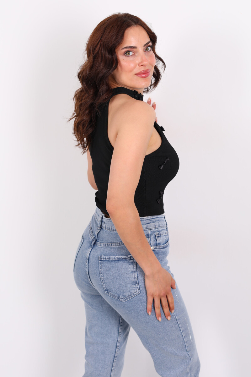 Halter Yaka Kurdele Detay Fitilli Siyah Kadın Bluz - 4