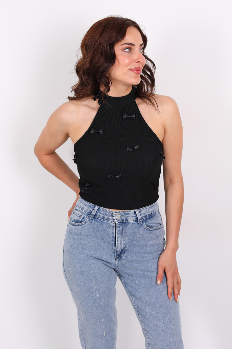 Halter Yaka Kurdele Detay Fitilli Siyah Kadın Bluz - 5
