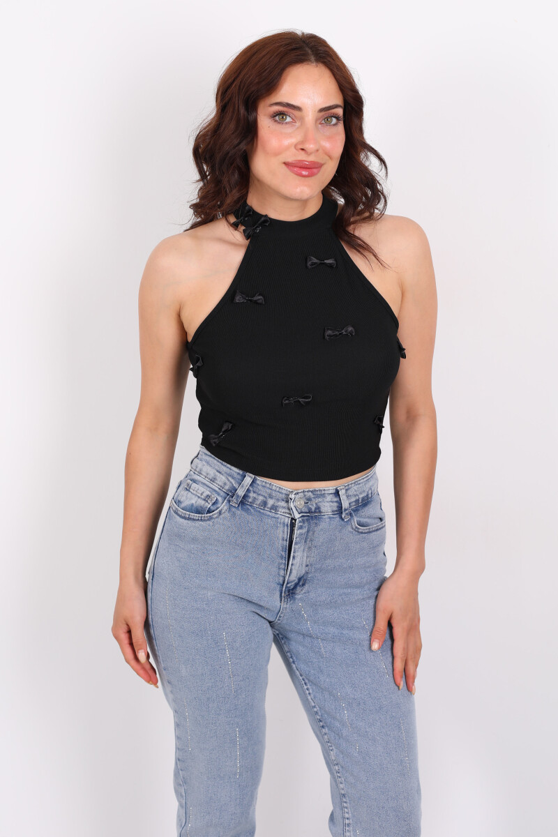 Halter Yaka Kurdele Detay Fitilli Siyah Kadın Bluz - 3