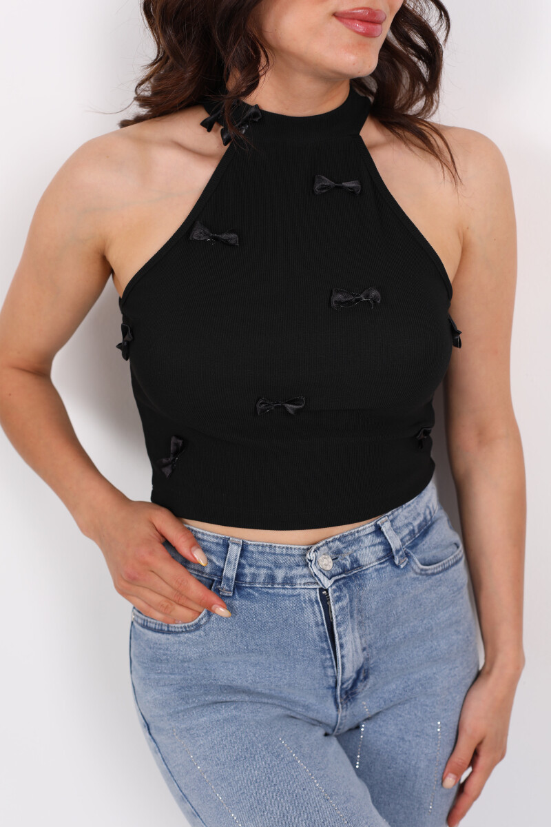 Halter Yaka Kurdele Detay Fitilli Siyah Kadın Bluz - 2