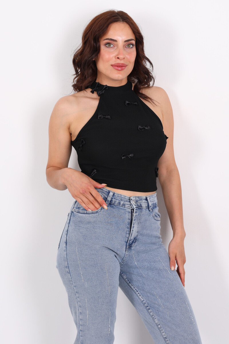 Halter Yaka Kurdele Detay Fitilli Siyah Kadın Bluz - 1