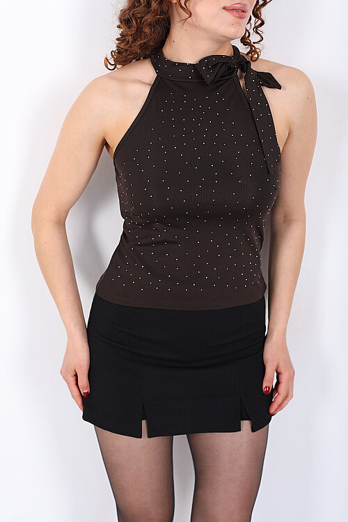 Halter Yaka Önü Taşlı Boyundan Bağlamalı Acı Kahve Kadın Bluz - Berox (1)