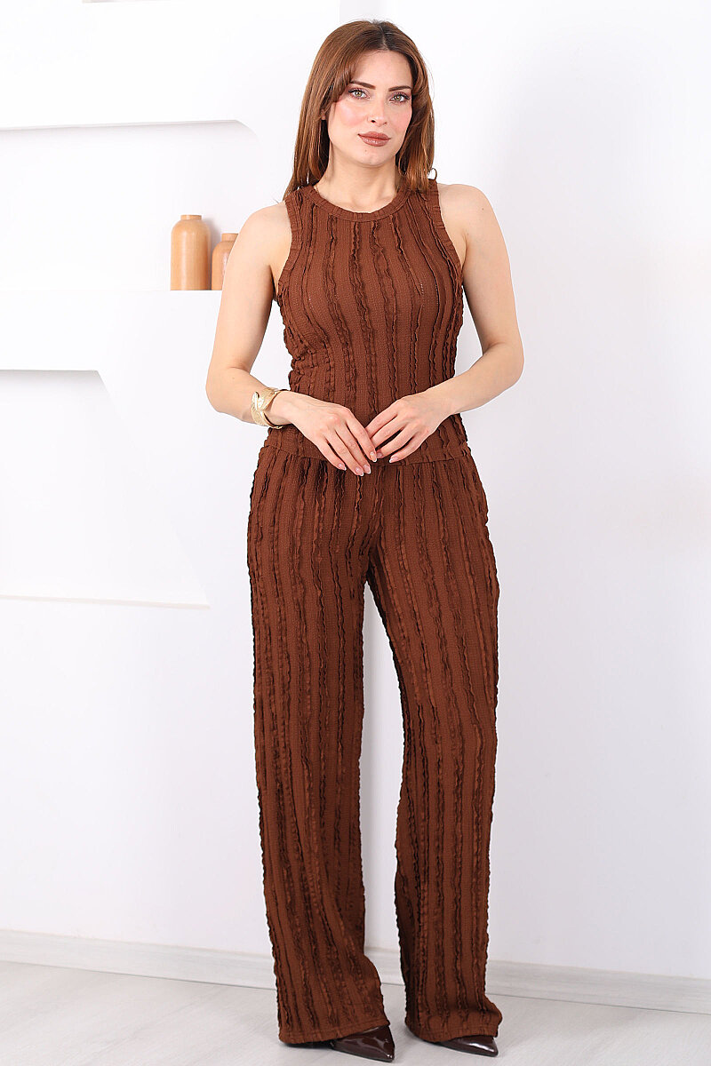 Halter Yaka Ters Dikiş Crop - Pantolon Kahverengi Takım - 5