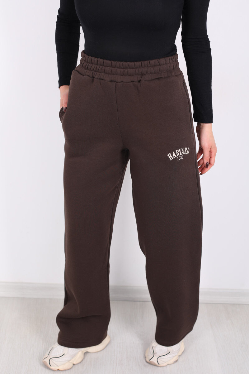 Harvard Yazılı Üç İplik Geniş Paça Acı Kahve Kadın Eşofman Altı - 2