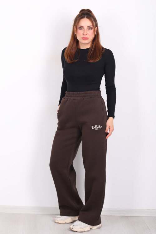 Harvard Yazılı Üç İplik Geniş Paça Acı Kahve Kadın Eşofman Altı - 4