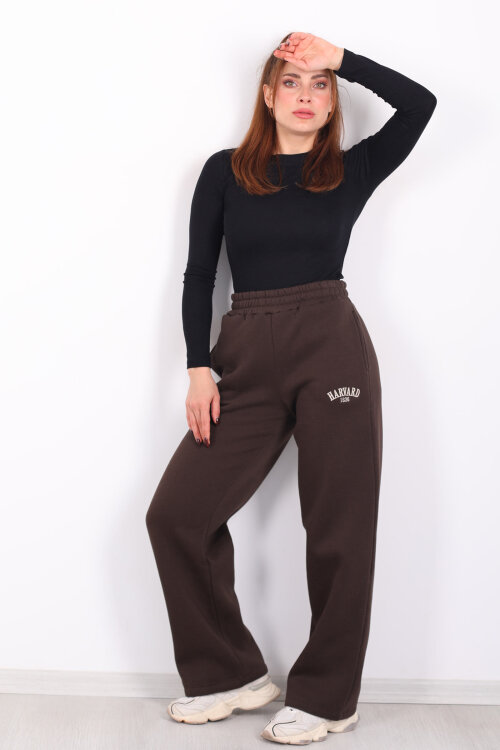 Harvard Yazılı Üç İplik Geniş Paça Acı Kahve Kadın Eşofman Altı - Berox