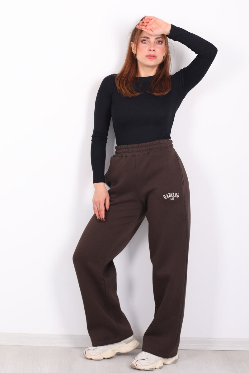 Harvard Yazılı Üç İplik Geniş Paça Acı Kahve Kadın Eşofman Altı - 1