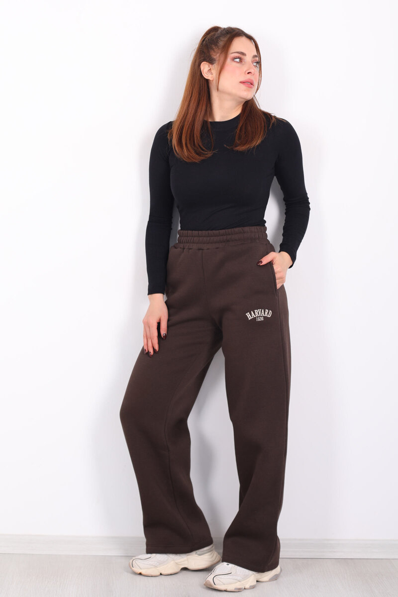 Harvard Yazılı Üç İplik Geniş Paça Acı Kahve Kadın Eşofman Altı - 3
