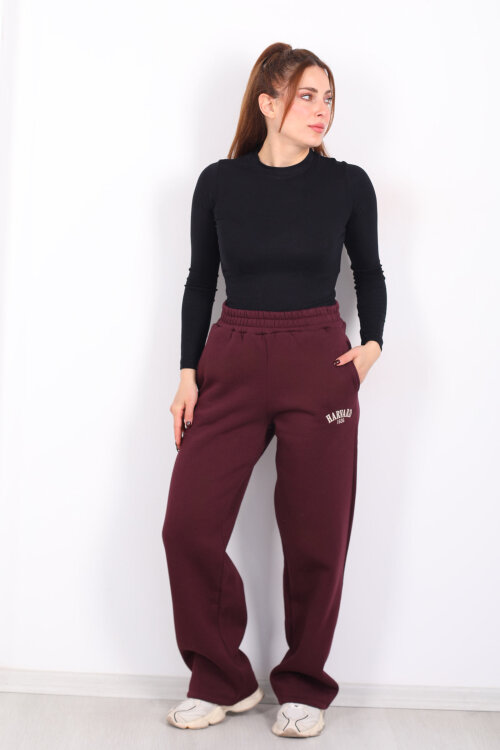 Harvard Yazılı Üç İplik Geniş Paça Bordo Kadın Eşofman Altı 