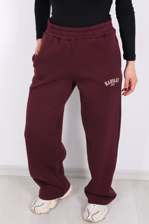 Harvard Yazılı Üç İplik Geniş Paça Bordo Kadın Eşofman Altı - 2