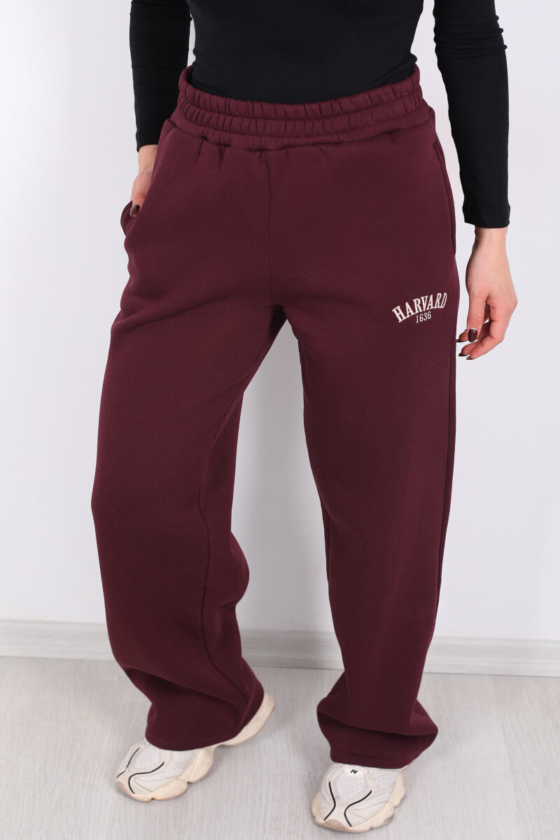 Harvard Yazılı Üç İplik Geniş Paça Bordo Kadın Eşofman Altı - 2