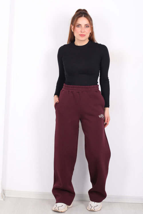 Harvard Yazılı Üç İplik Geniş Paça Bordo Kadın Eşofman Altı - 5