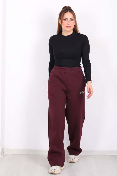 Harvard Yazılı Üç İplik Geniş Paça Bordo Kadın Eşofman Altı - 3