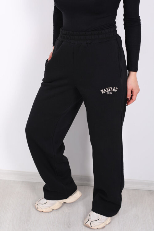 Harvard Yazılı Üç İplik Geniş Paça Siyah Kadın Eşofman Altı - 2