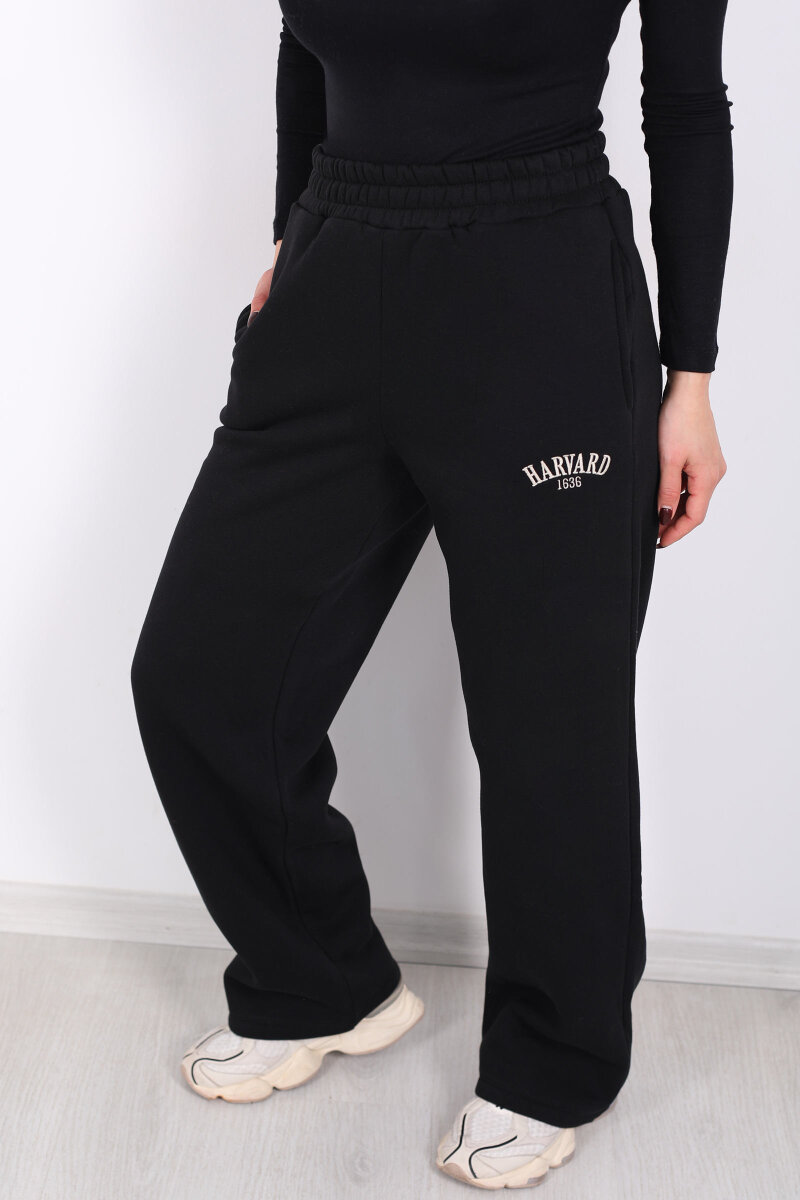 Harvard Yazılı Üç İplik Geniş Paça Siyah Kadın Eşofman Altı - 2