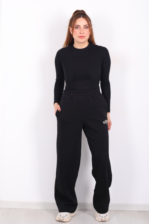 Harvard Yazılı Üç İplik Geniş Paça Siyah Kadın Eşofman Altı - 5