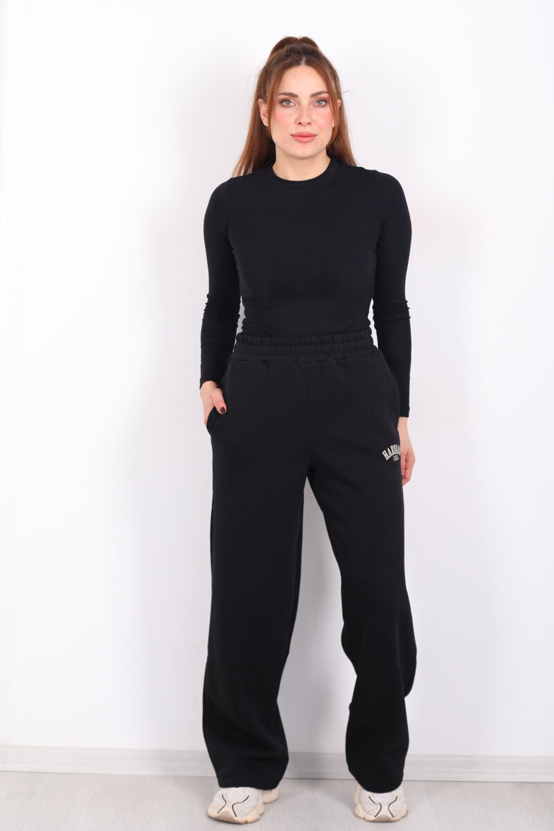 Harvard Yazılı Üç İplik Geniş Paça Siyah Kadın Eşofman Altı - 5