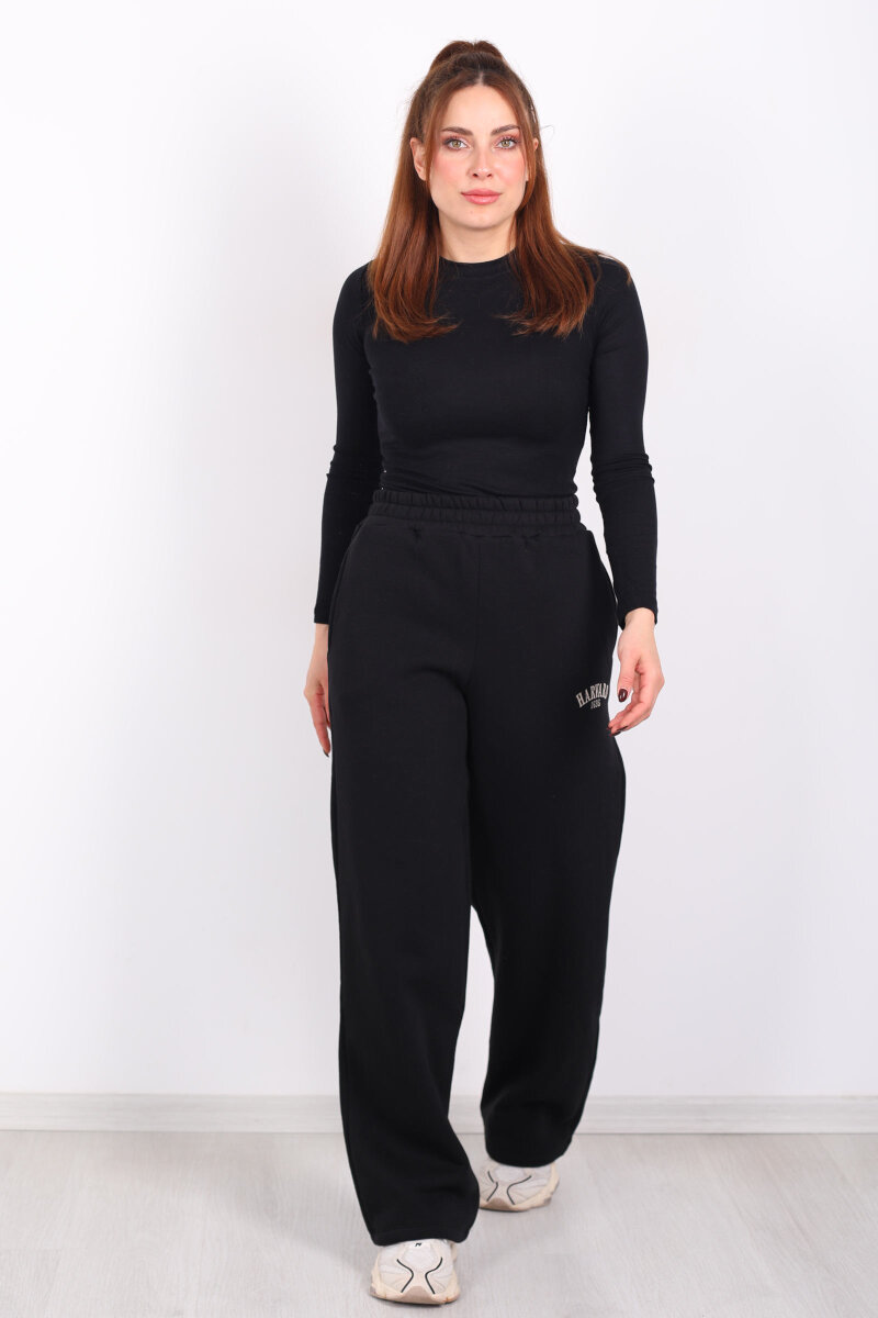 Harvard Yazılı Üç İplik Geniş Paça Siyah Kadın Eşofman Altı - 3