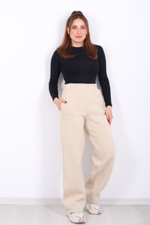 Harvard Yazılı Üç İplik Geniş Paça Taş Rengi Kadın Eşofman Altı - 6