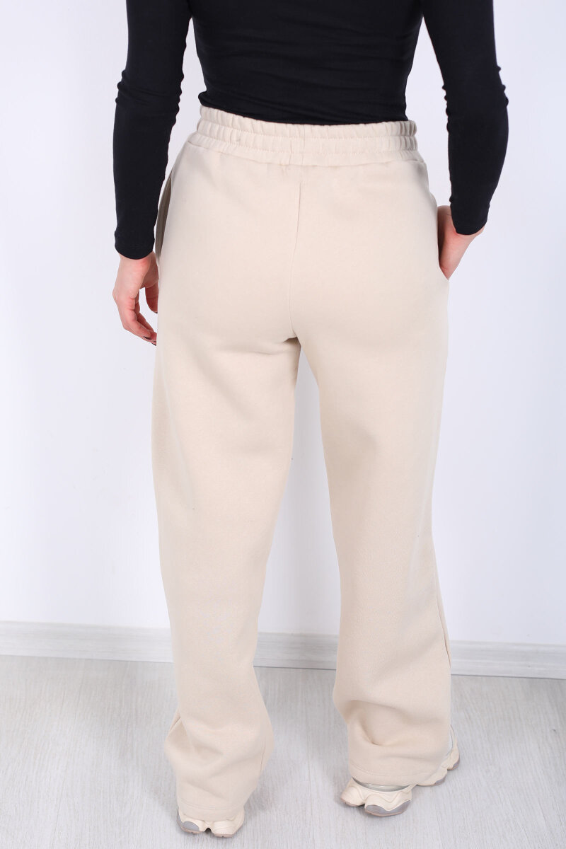 Harvard Yazılı Üç İplik Geniş Paça Taş Rengi Kadın Eşofman Altı - 5