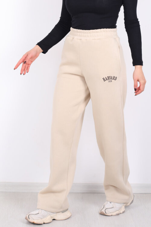 Harvard Yazılı Üç İplik Geniş Paça Taş Rengi Kadın Eşofman Altı - 2