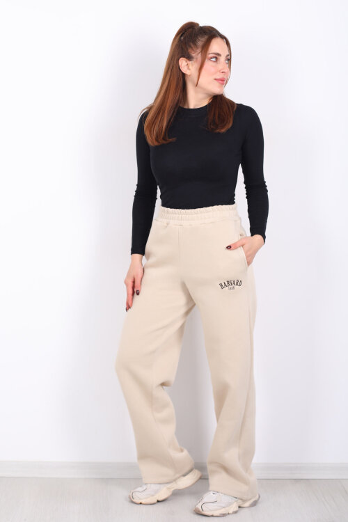 Harvard Yazılı Üç İplik Geniş Paça Taş Rengi Kadın Eşofman Altı 