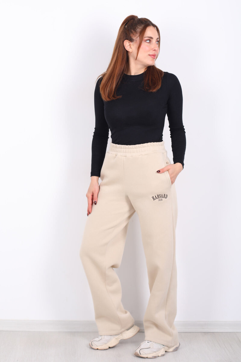 Harvard Yazılı Üç İplik Geniş Paça Taş Rengi Kadın Eşofman Altı - 1