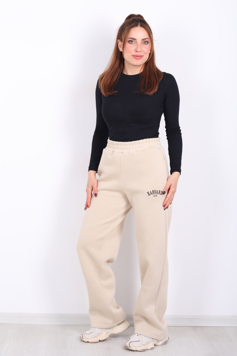 Harvard Yazılı Üç İplik Geniş Paça Taş Rengi Kadın Eşofman Altı - 3
