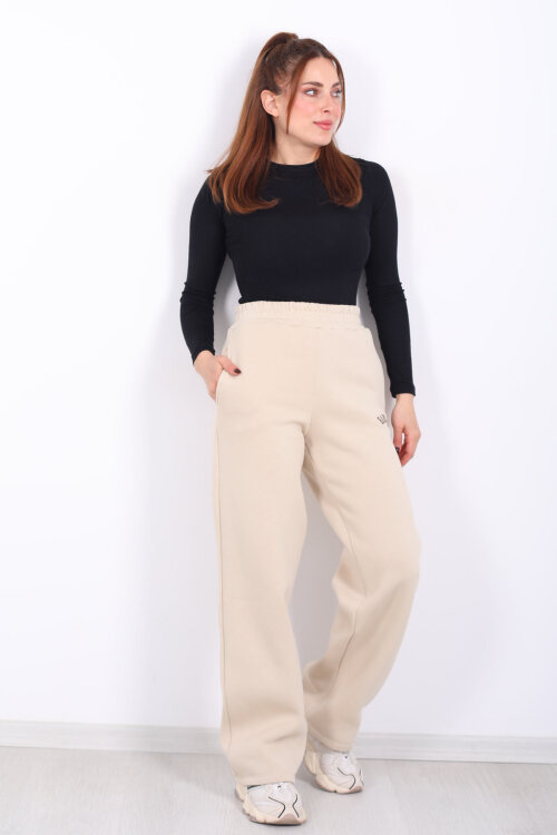 Harvard Yazılı Üç İplik Geniş Paça Taş Rengi Kadın Eşofman Altı - 4