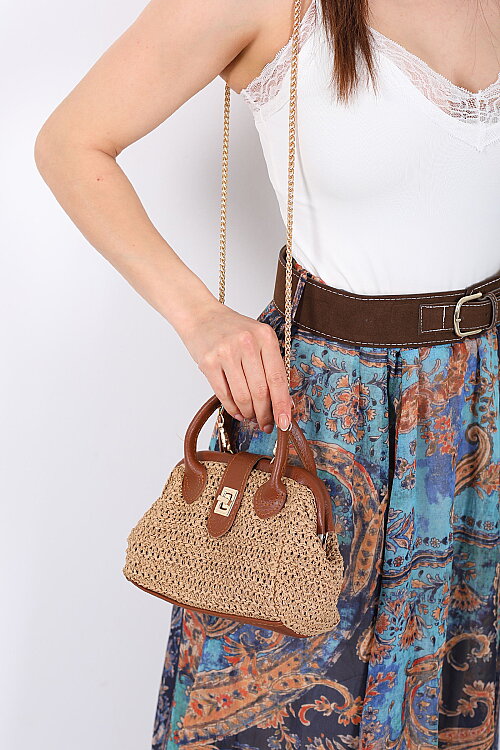 Hasır Örgü Deri Detaylı Taba Zincir Askılı El Çantası - Berox