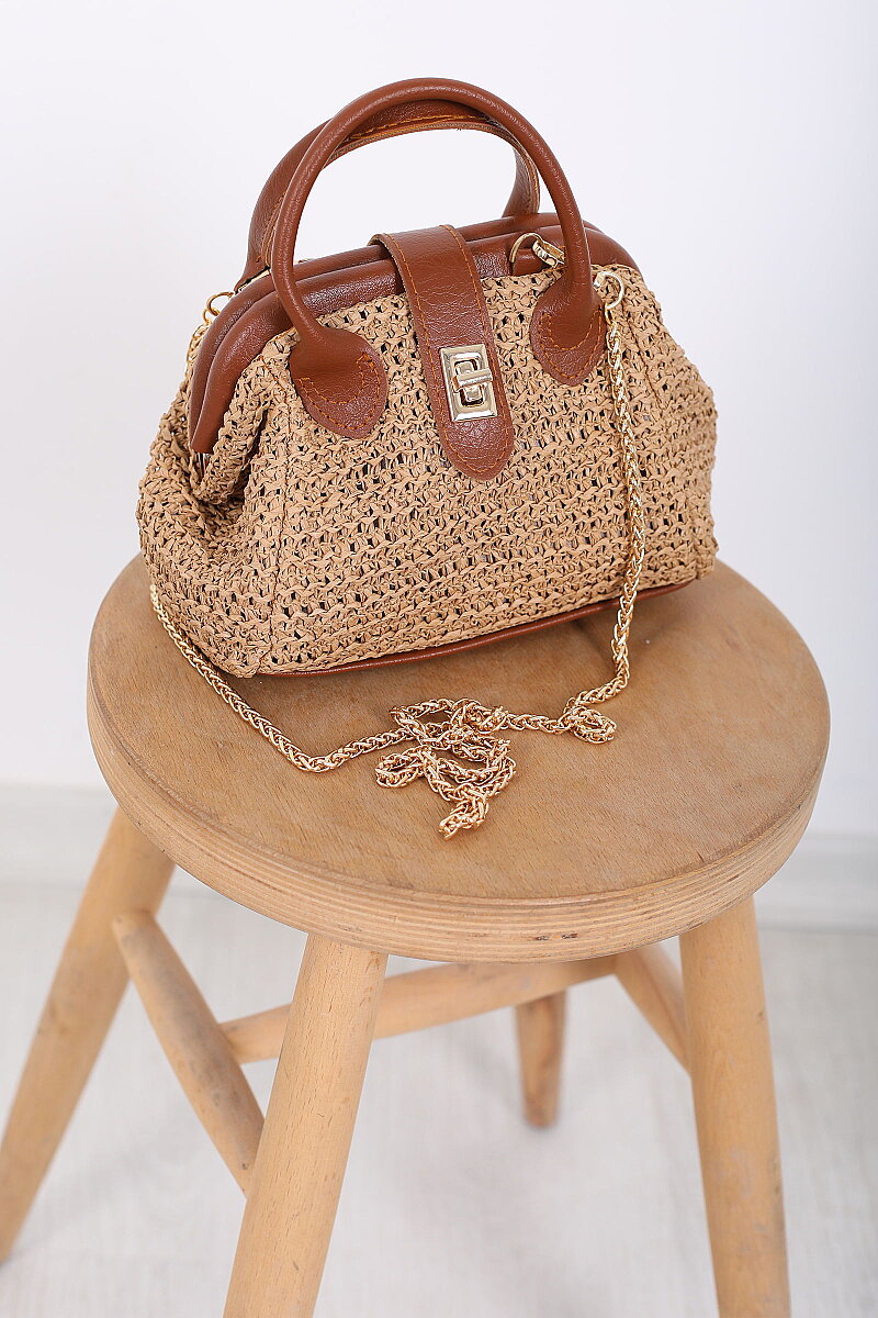Hasır Örgü Deri Detaylı Taba Zincir Askılı El Çantası - 3