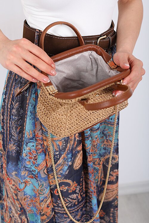 Hasır Örgü Deri Detaylı Taba Zincir Askılı El Çantası - Berox (1)