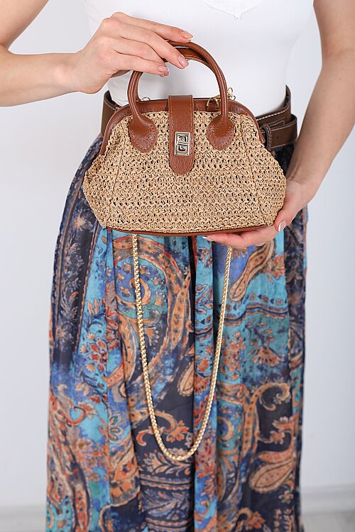 Hasır Örgü Deri Detaylı Taba Zincir Askılı El Çantası - 4