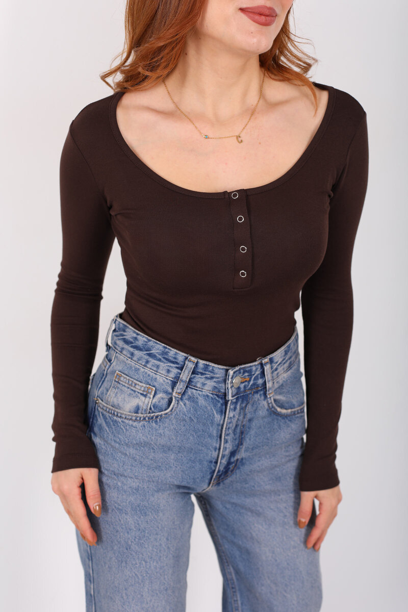 Havuz Yaka Acı Kahve Kadın Patlı Body - 2