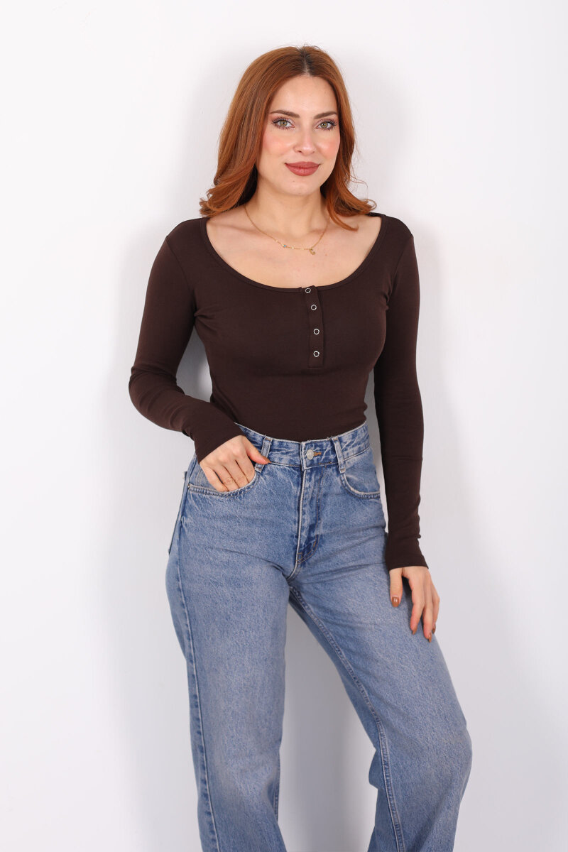 Havuz Yaka Acı Kahve Kadın Patlı Body - 6