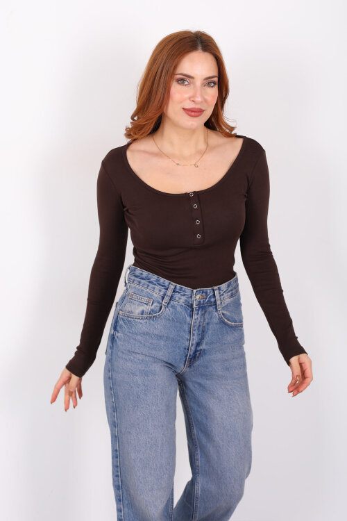 Havuz Yaka Acı Kahve Kadın Patlı Body - 4