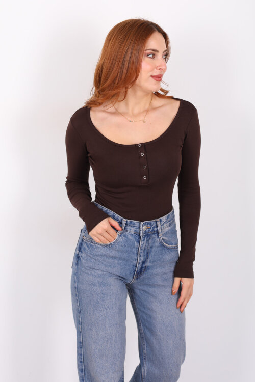 Havuz Yaka Acı Kahve Kadın Patlı Body - 3