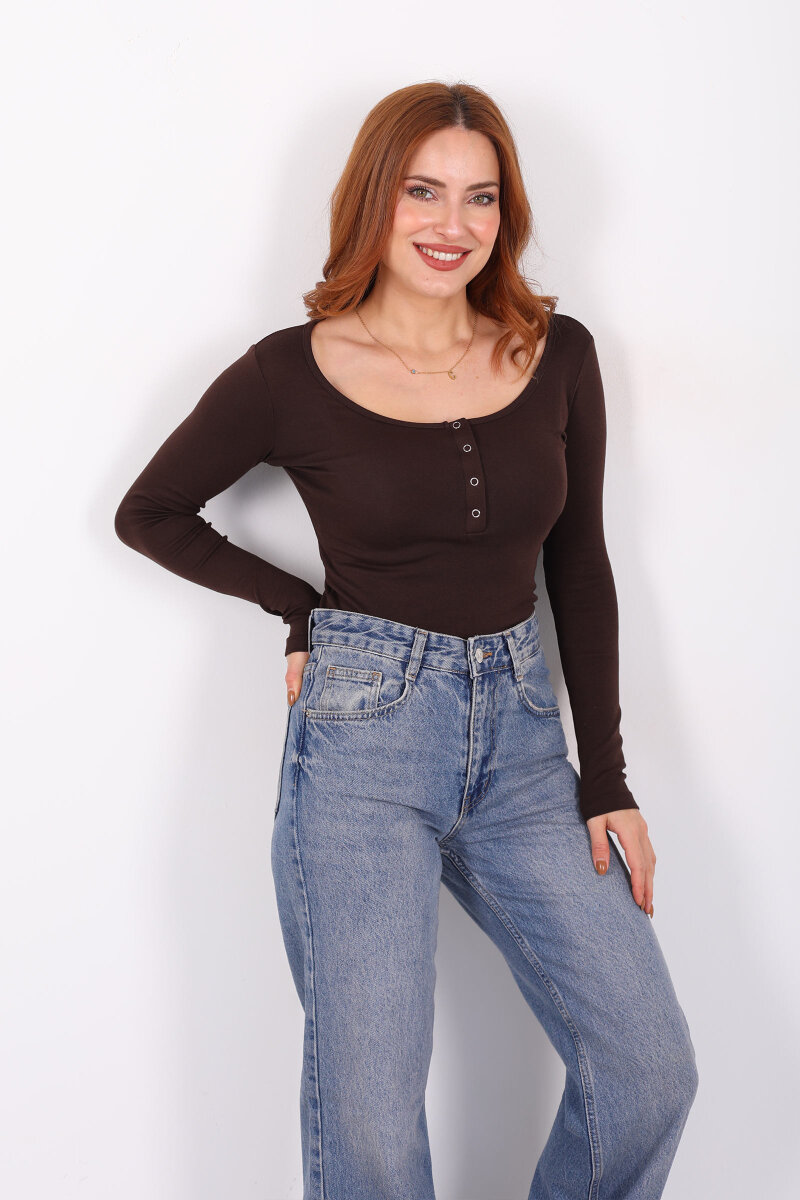 Havuz Yaka Acı Kahve Kadın Patlı Body - 1