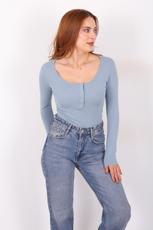 Havuz Yaka Bebe Mavisi Kadın Patlı Body - Berox