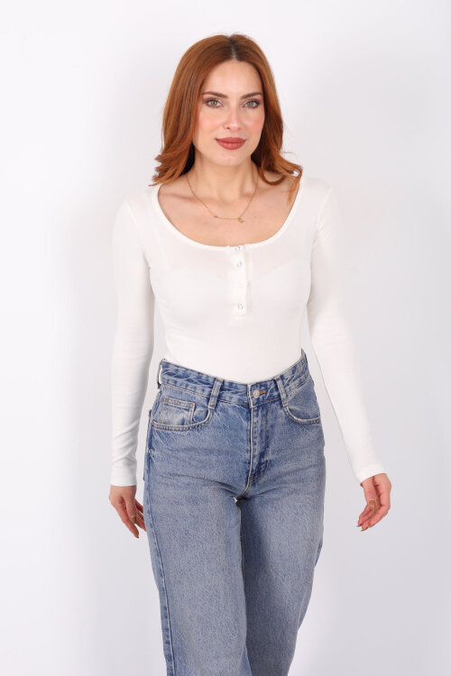 Havuz Yaka Beyaz Kadın Patlı Body - 6