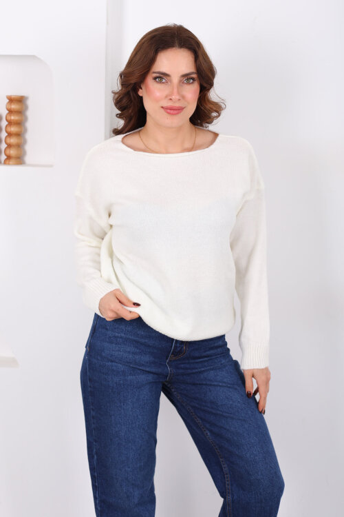 Havuz Yaka Beyaz Kadın Triko Kazak - Berox