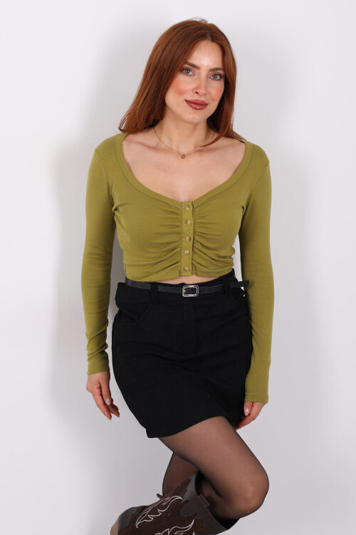 Havuz Yaka Fıstık Yeşili Kadın Düğmeli Bluz - Berox