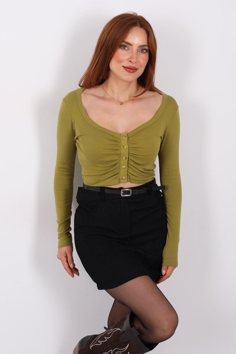 Havuz Yaka Fıstık Yeşili Kadın Düğmeli Bluz - 1