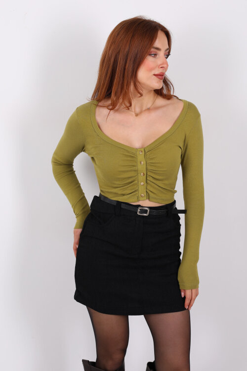 Havuz Yaka Fıstık Yeşili Kadın Düğmeli Bluz - 4