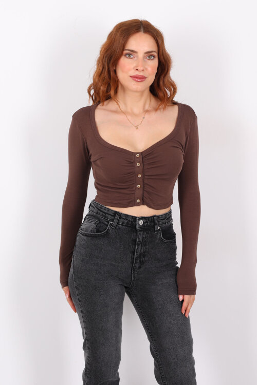 Havuz Yaka Kahverengi Kadın Düğmeli Bluz - 6