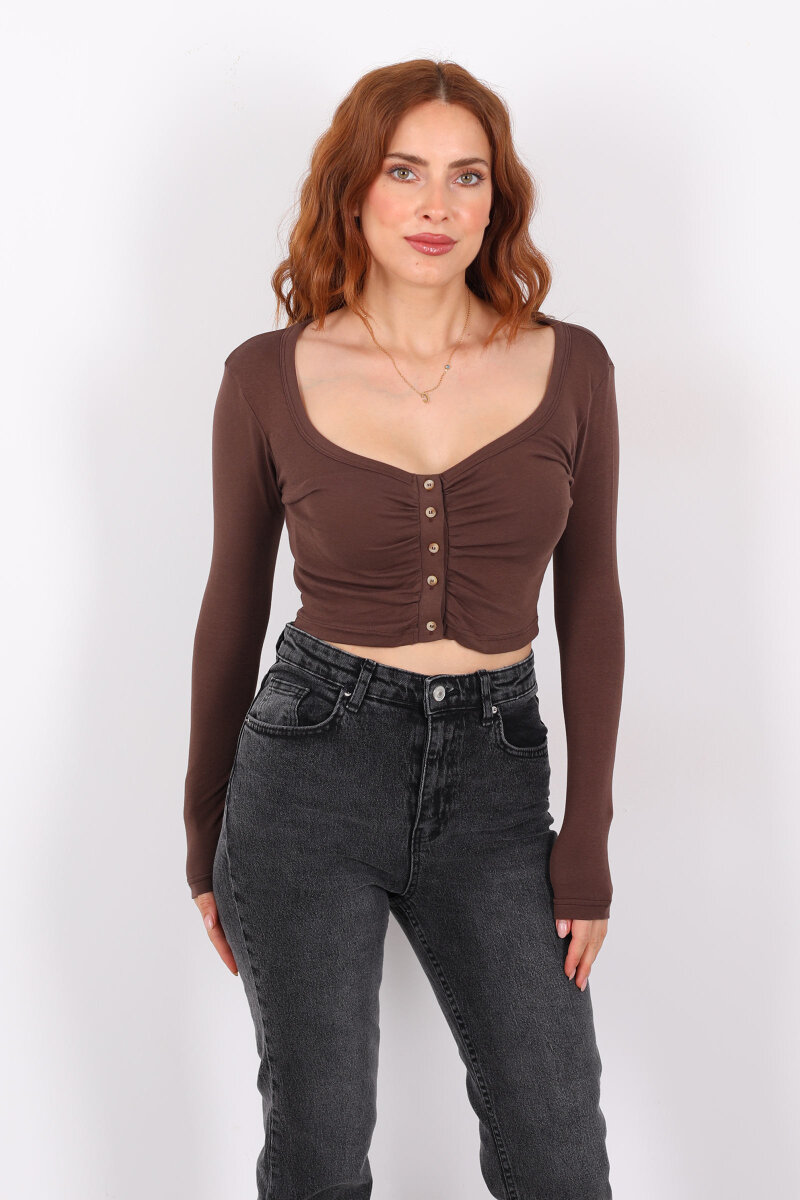 Havuz Yaka Kahverengi Kadın Düğmeli Bluz - 6