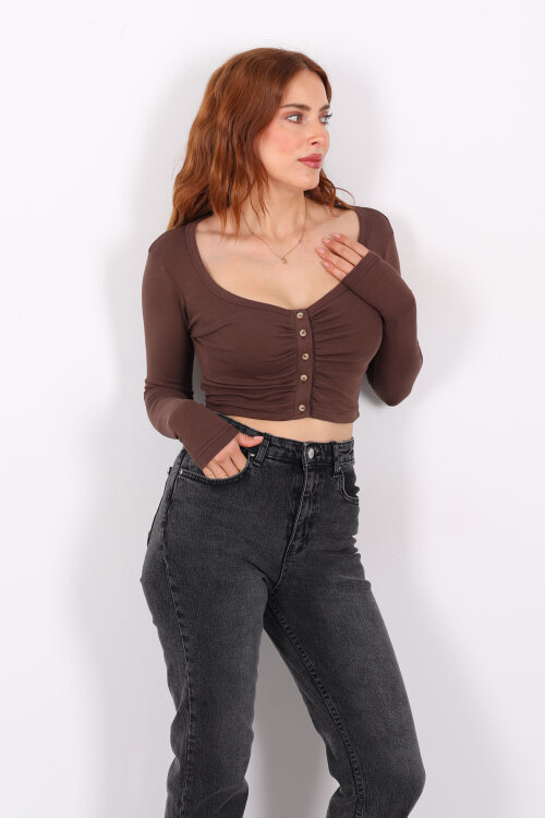 Havuz Yaka Kahverengi Kadın Düğmeli Bluz - 4