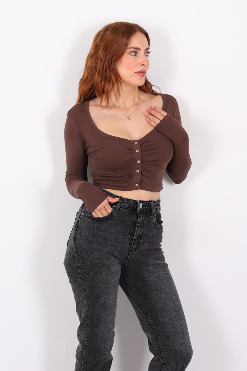 Havuz Yaka Kahverengi Kadın Düğmeli Bluz - 4