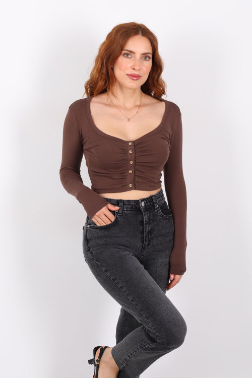 Havuz Yaka Kahverengi Kadın Düğmeli Bluz - Berox
